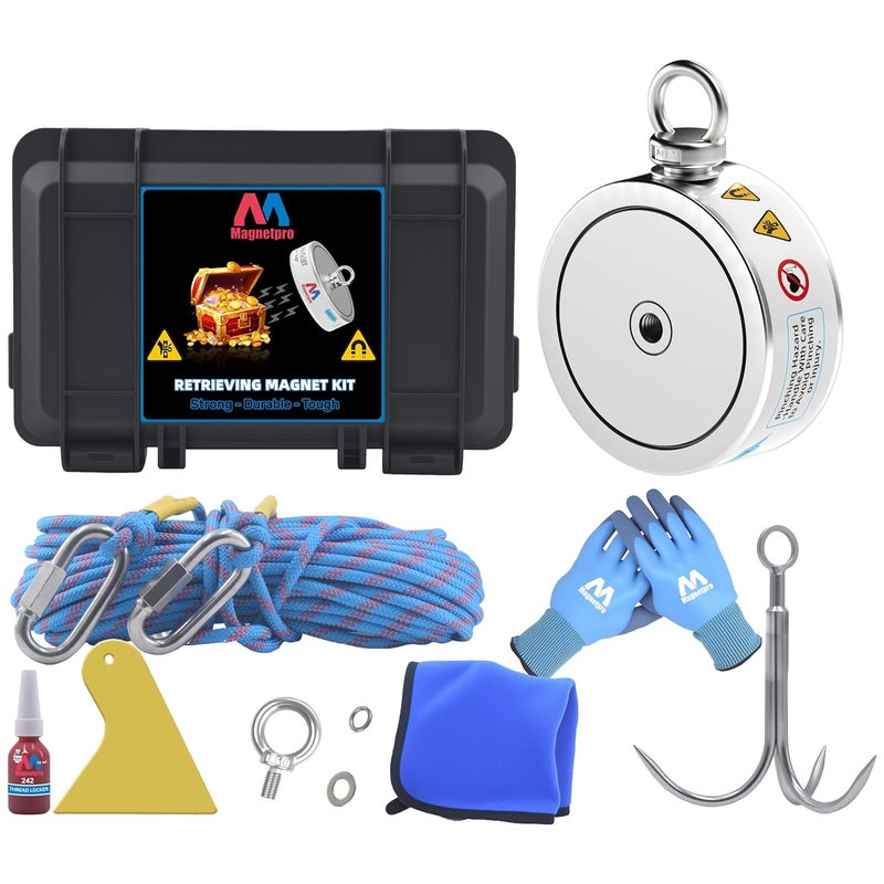 Magnetpro 3000LB’s Complete Retrieving Magnet Fishing Kit | Double Sided Fishing Magnet Kit | Includes Strong Neodymium Magnets, Durable 65ft Rope, Carabiner, Gloves, Grappling Hook & Carry Case - Image 1